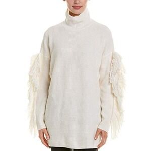 BCBGMAXAZRIA Cream Ribbed Turtleneck Fringe‎ Sleeve Sweater Dress XXS